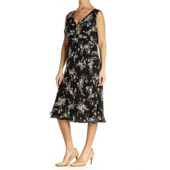 Ann Taylor Loft Dress  Black Floral Silk Midi Sleeveless Surplice NWT size 8 - Picture 2 of 12